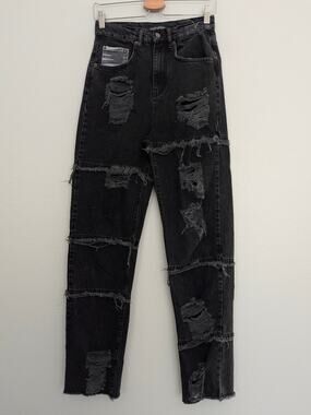 Retrofete Maggie Heavy Distressed Straight Leg Denim Jeans Size 25 Black $328